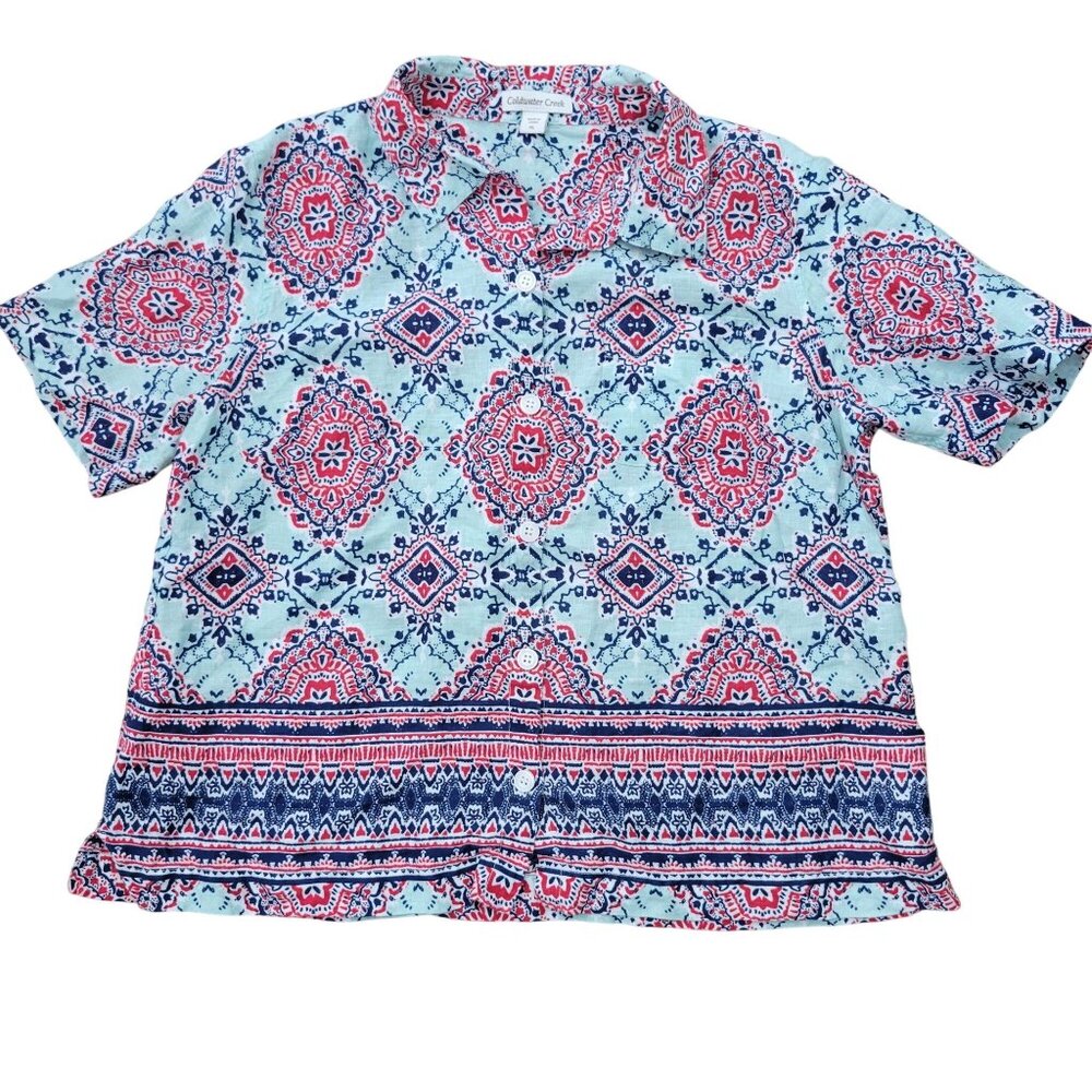 Coldwater Creek Button Front Short Sleeve Blouse PL Geometric Pattern Linen Boho